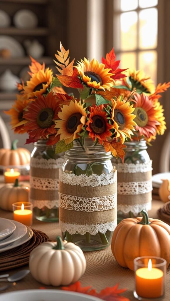 mason jars wrapped in burlap and lace, filled with faux sunflowers and fall leaves, arranged as a centerpiece mason jars wrapped in burlap and lace, filled with faux sunflowers and fall leaves, arranged as a centerpiece