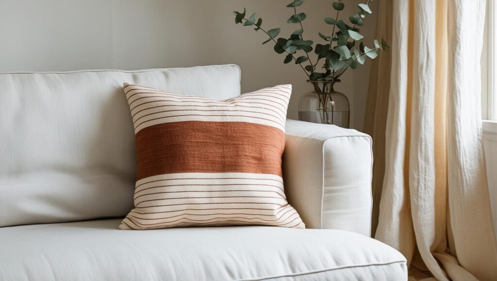 minimalist sofa setup with a rust and cream striped pillow, eucalyptus stems in a vase, soft linen curtains minimalist sofa setup with a rust and cream striped pillow, eucalyptus stems in a vase, soft linen curtains
