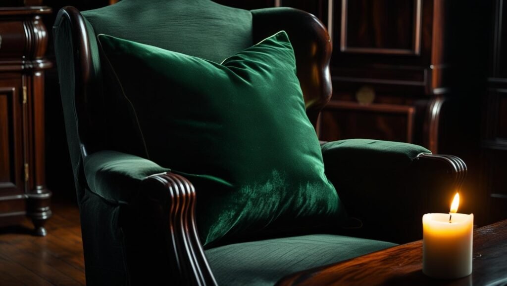 moody room with dark forest green velvet pillow, dark wood furniture, flickering candle in foreground moody room with dark forest green velvet pillow, dark wood furniture, flickering candle in foreground