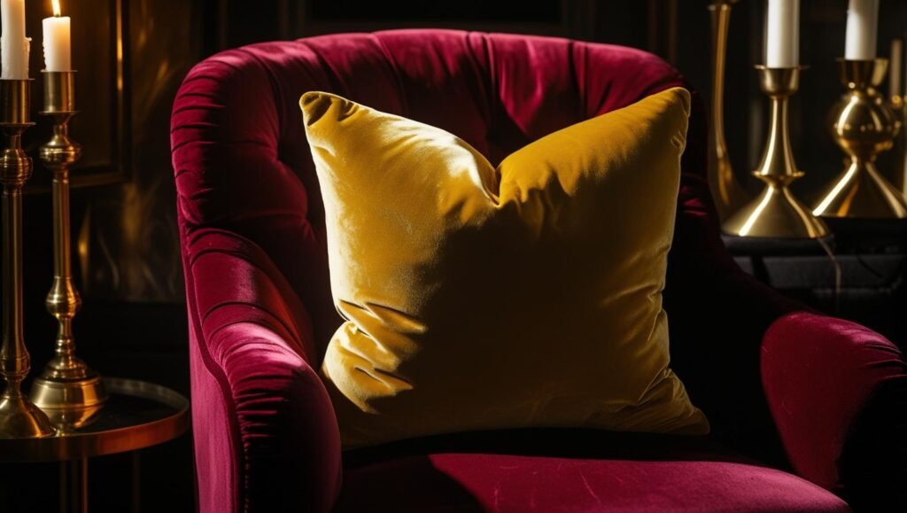 mustard velvet pillow on a velvet armchair, moody lighting, surrounded by brass decor and candles mustard velvet pillow on a velvet armchair, moody lighting, surrounded by brass decor and candles