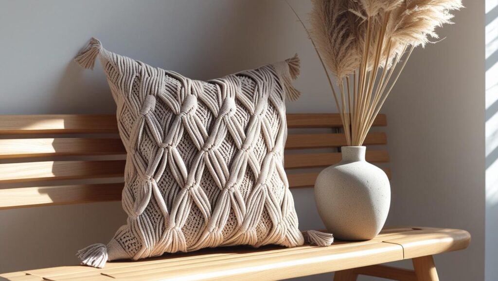 neutral macrame style pillow on a japandi bench, styled with dried pampas and stone vase, bright lighting neutral macrame style pillow on a japandi bench, styled with dried pampas and stone vase, bright lighting