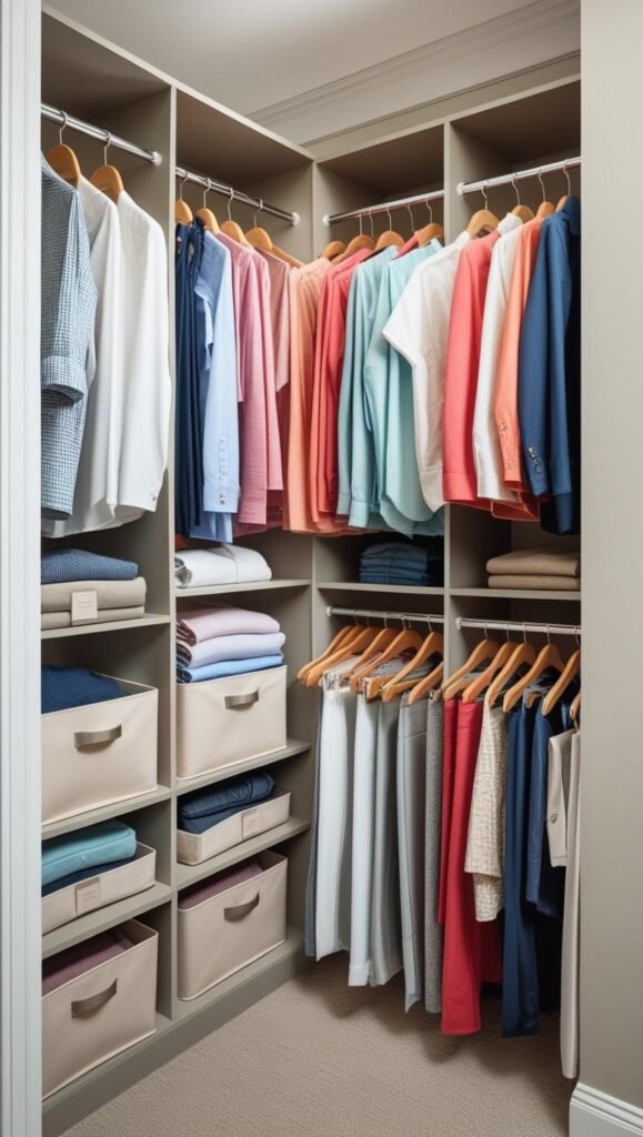 organized closet with sections clearly separated for shirts, pants, dresses, and jackets.