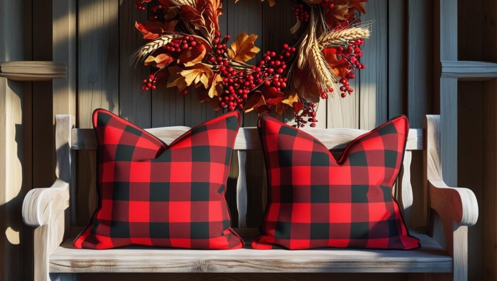 pair of buffalo check pillows on a farmhouse entryway bench with hanging fall wreath above pair of buffalo check pillows on a farmhouse entryway bench with hanging fall wreath above