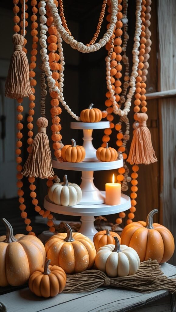 rustic beaded garlands painted in fall colors of orange, cream, and brown with tassel ends, styled rustic beaded garlands painted in fall colors of orange, cream, and brown with tassel ends, styled