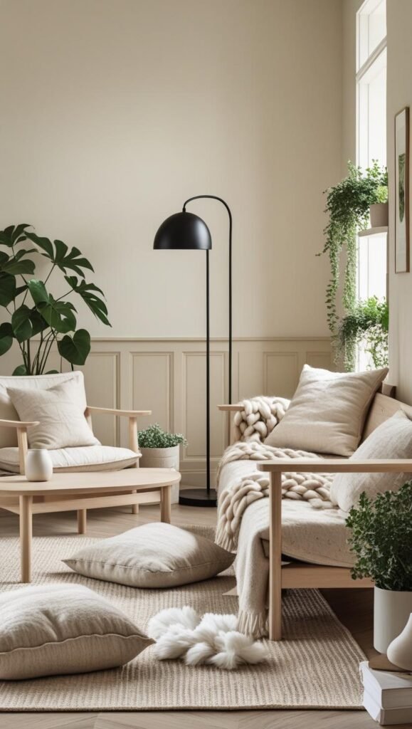 scandinavian living room vignette with matching light wood tones, soft textiles, layered neutral rugs, and negative space. scandinavian living room vignette with matching light wood tones, soft textiles, layered neutral rugs, and negative space.