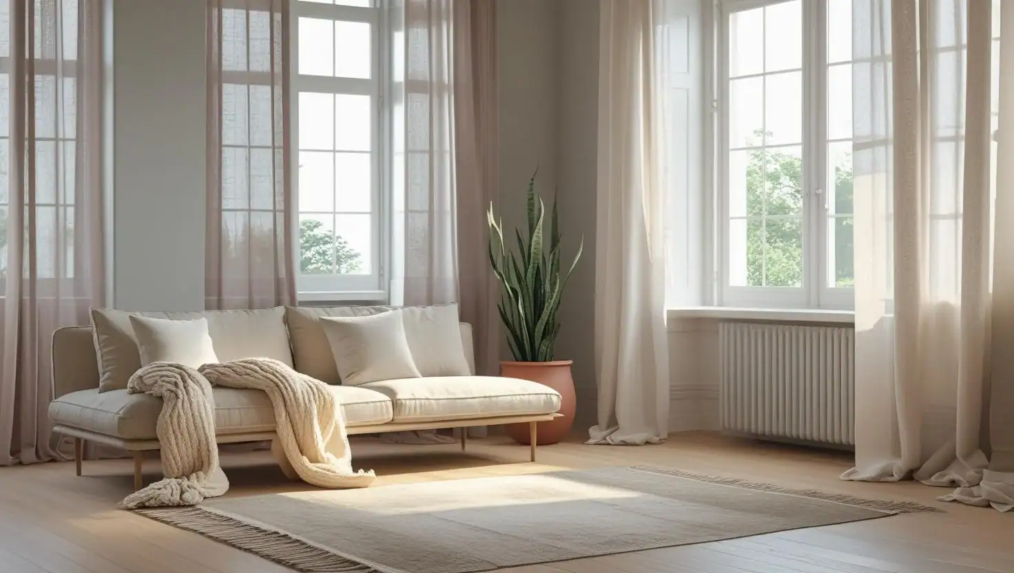scandinavian living room with light wood floors, a low profile neutral sofa, cozy throw blankets, a textured rug.