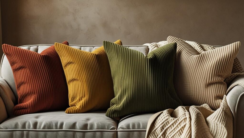 set of four corduroy pillows (rust, mustard, olive, beige) styled on a sofa with neutral blankets, textured background set of four corduroy pillows (rust, mustard, olive, beige) styled on a sofa with neutral blankets, textured background