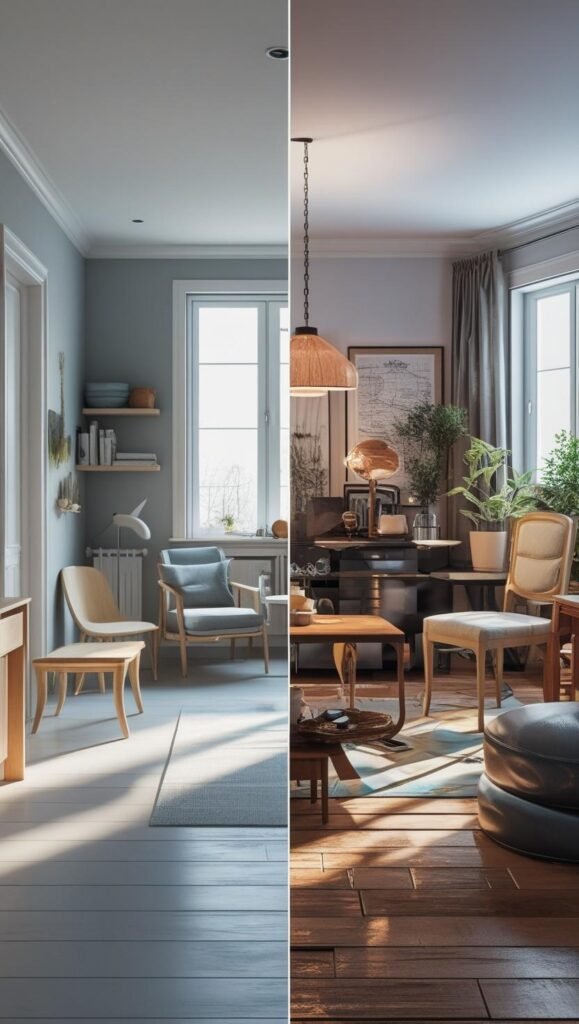 side by side visual of two scandinavian inspired spaces one showing a clean, minimal room side by side visual of two scandinavian inspired spaces one showing a clean, minimal room
