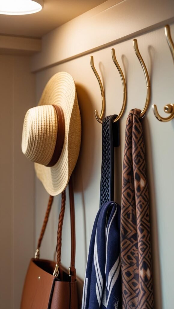 side wall of a closet with adhesive hooks holding hats, crossbody bags, and belts.