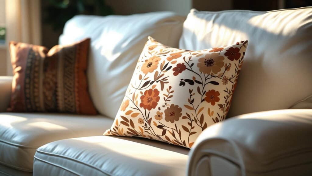 soft focus living room scene with a small floral pillow in earthy tones on a white couch, warm natural lighting soft focus living room scene with a small floral pillow in earthy tones on a white couch, warm natural lighting