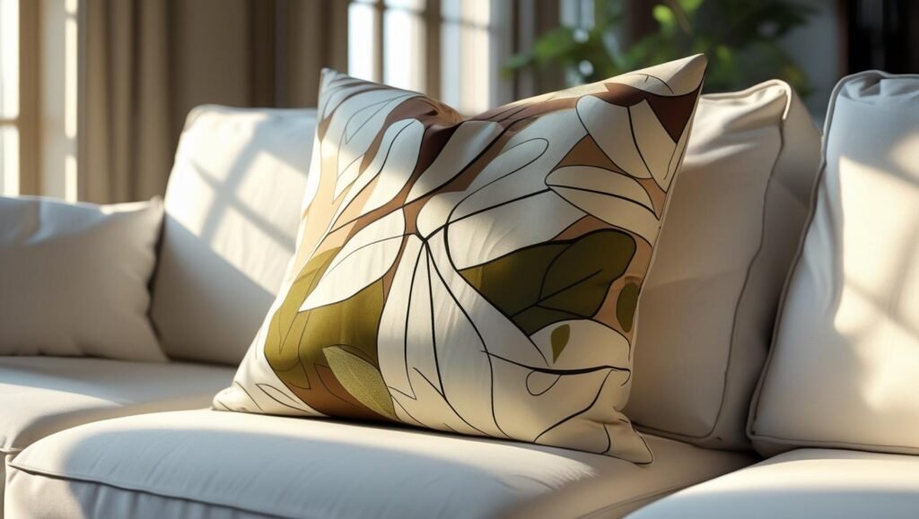 soft focus living room scene with abstract leaf pillow in earthy tones on a white couch, warm natural lighting soft focus living room scene with abstract leaf pillow in earthy tones on a white couch, warm natural lighting