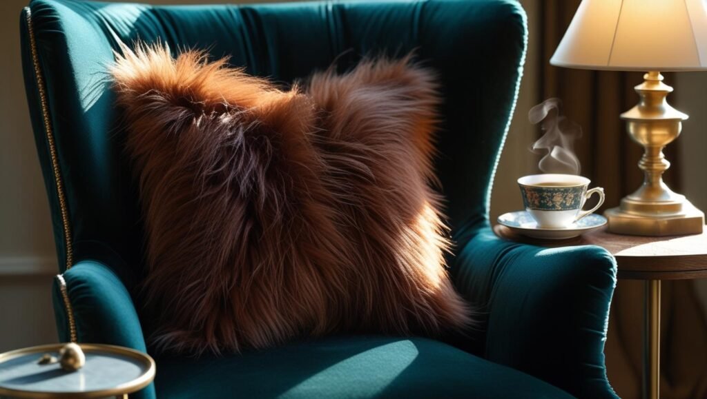 solo chestnut faux fur pillow on an accent chair, styled next to a side table with coffee and a lamp (1) solo chestnut faux fur pillow on an accent chair, styled next to a side table with coffee and a lamp (1)