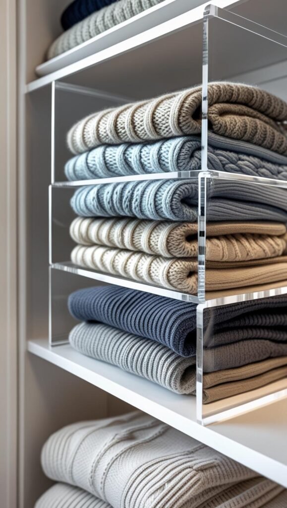stacked sweaters separated by clear acrylic shelf dividers inside a small white closet.
