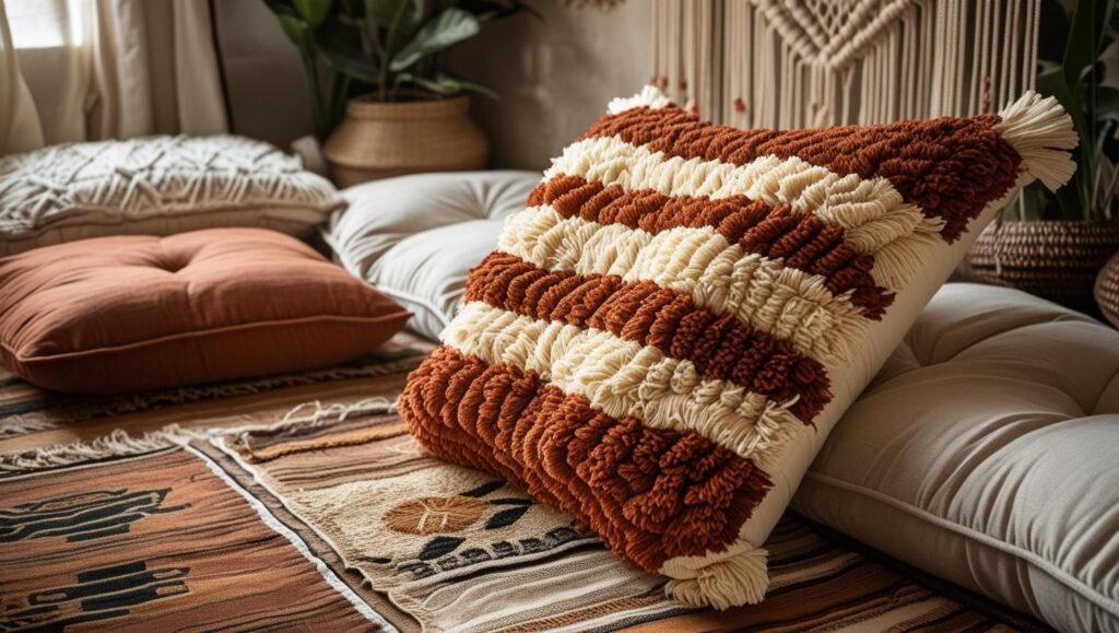 textured tufted pillow in rust and cream on a low seating area with layered rugs, macrame on wall textured tufted pillow in rust and cream on a low seating area with layered rugs, macrame on wall