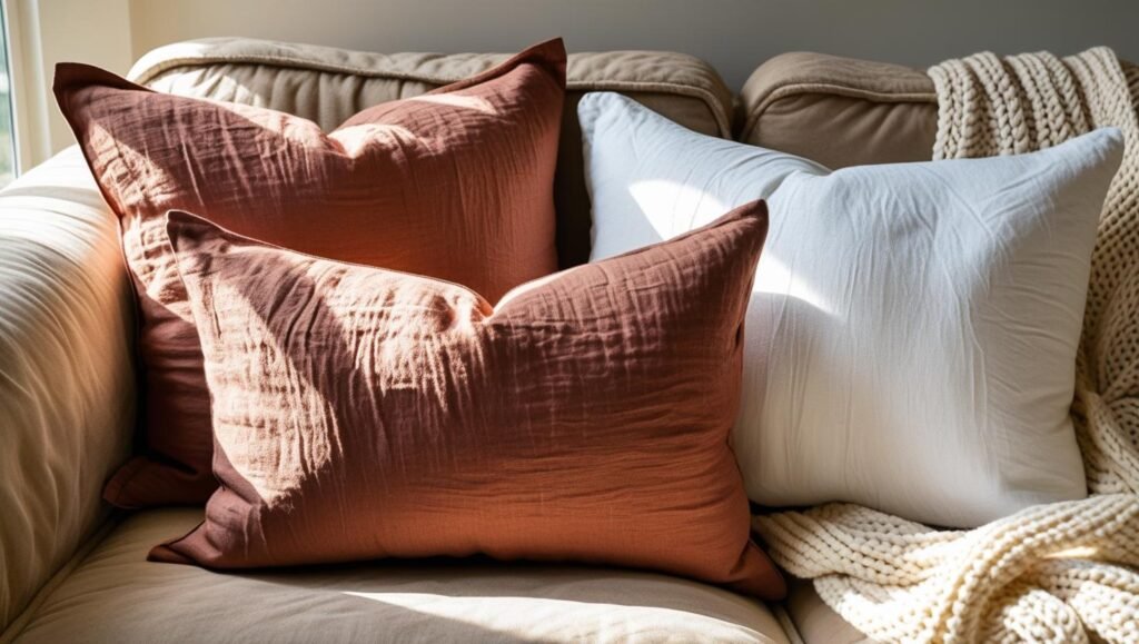 two deep terracotta linen pillows on a sofa, layered with white pillows and knit throw, bright natural light (1) two deep terracotta linen pillows on a sofa, layered with white pillows and knit throw, bright natural light (1)