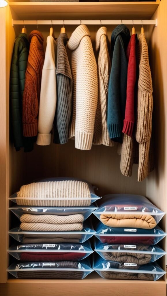 under bed storage with vacuum sealed bags containing folded winter coats and chunky sweaters.