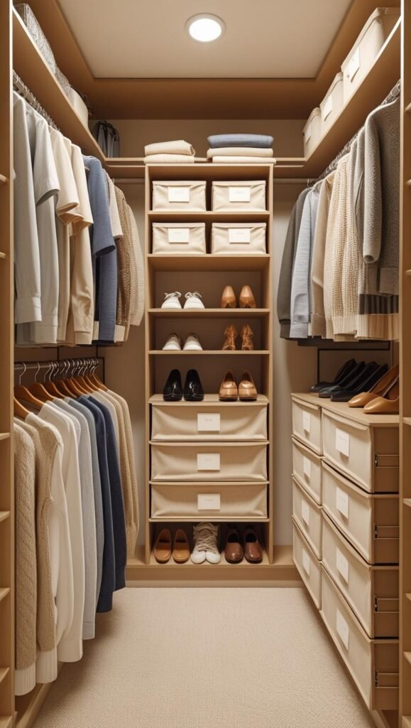 wide view of a small closet divided into clear zones hanging clothes, folded items in bins