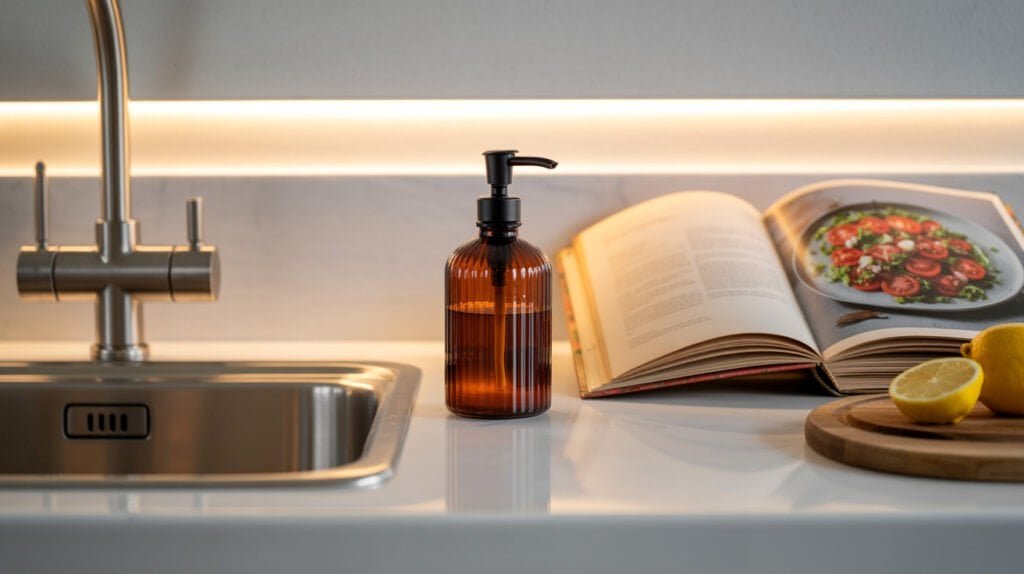 a photograph of an amber glass soap disp ijyonrz4tmyxxmtm8iquva lnfsdclxqpgkq xm3mgfig