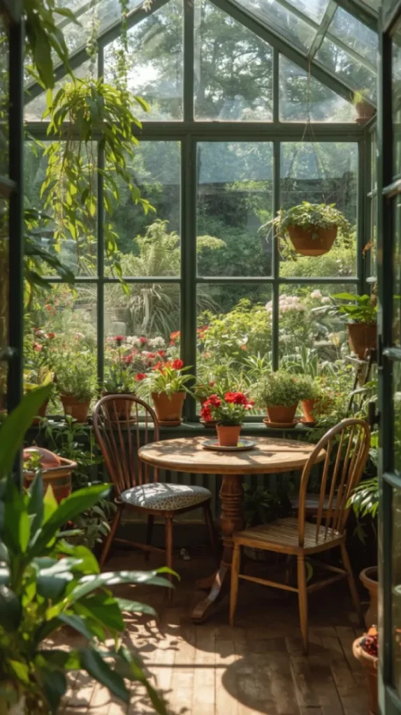 a bright cottagecore conservatory with glass walls.
