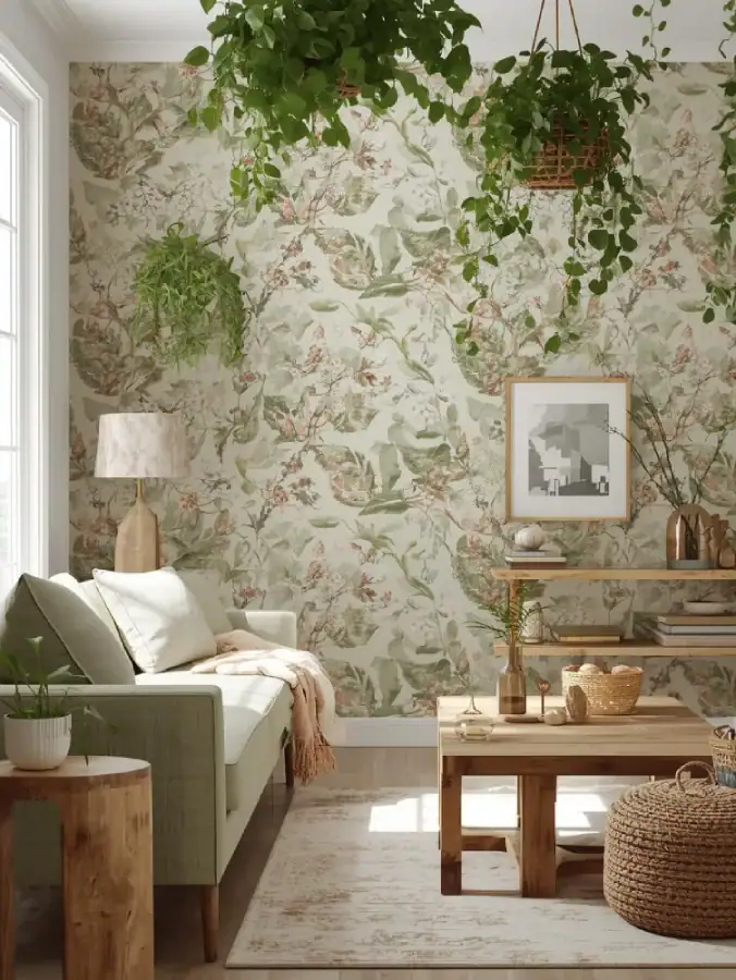 A bright living room with floral wallpaper featuring leaves and soft garden-inspired illustrations