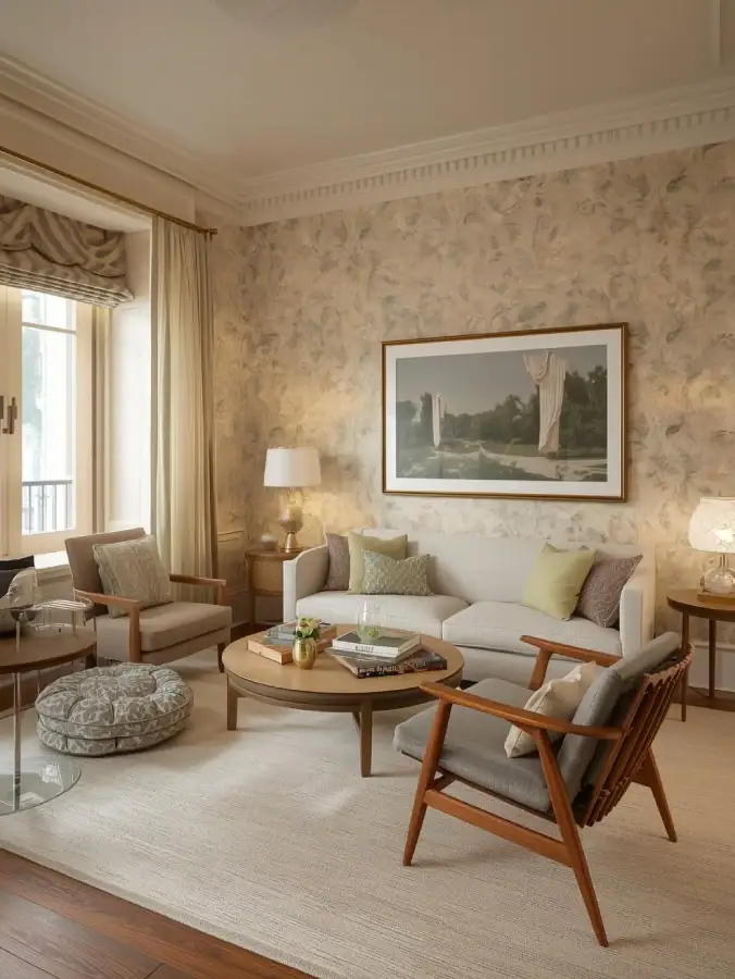 A classic living room with timeless boho floral wallpaper in soft tones. Pair with mid-century furniture and soft lighting. Focus on elegance and lasting appeal.