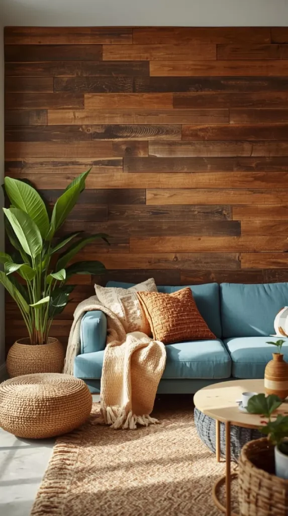 a cozy living room with a reclaimed wood accent wall