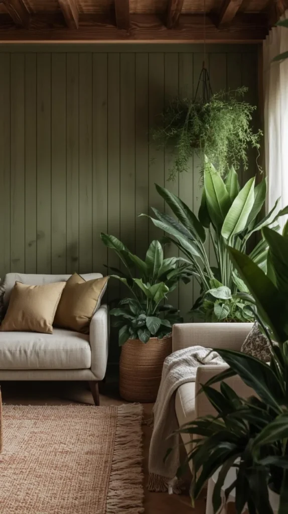 a cozy sitting room with moss green wood paneling as the accent wall