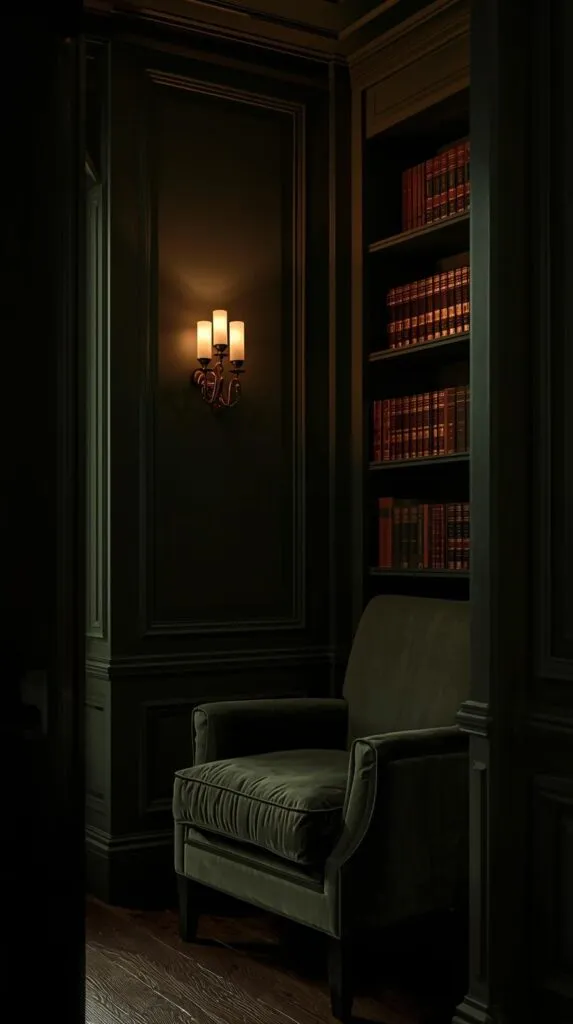 a dark olive green reading nook with color drenched walls and ceiling, a velvet armchair, wall sconces bookshelves
