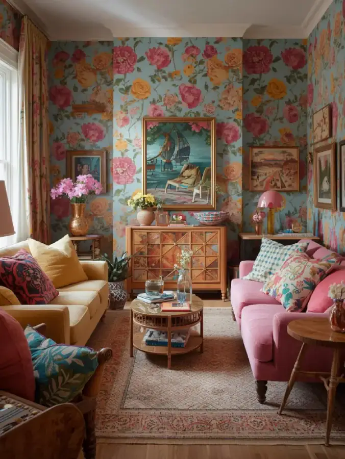 A fun boho space with floral wallpaper in vibrant pink, mustard yellow, and teal on a soft blue base.