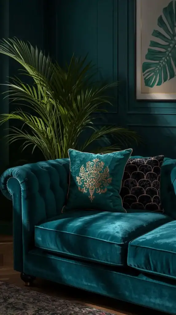 a luxurious velvet teal blue sofa styled in a moody, jewel toned living room. centered on the sofa is three bold art deco throw pillows