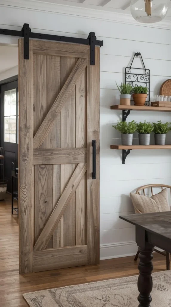 a rustic barn door on a black metal sliding track