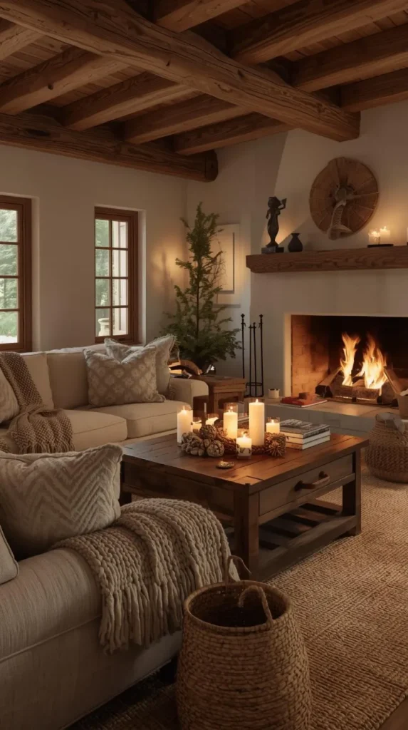 a rustic cottagecore living room with a glowing fireplace