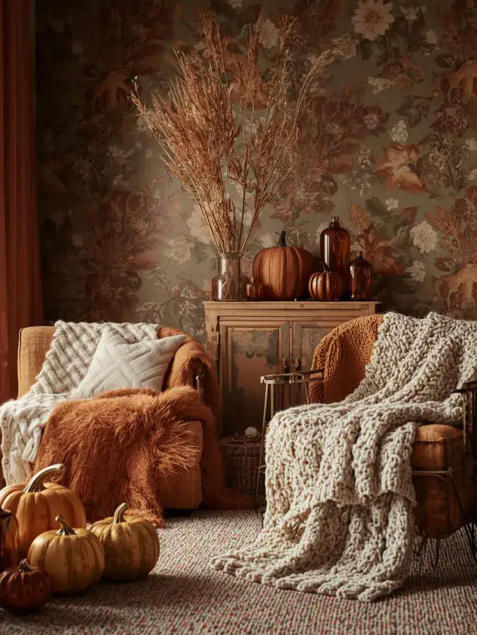 A styled fall living room with boho floral wallpaper and seasonal accents pumpkins, chunky knits, amber glass.