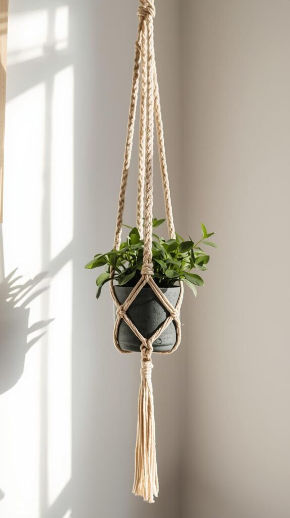 a stylish macrame plant hanger holding a small potted green plant against a white wall.