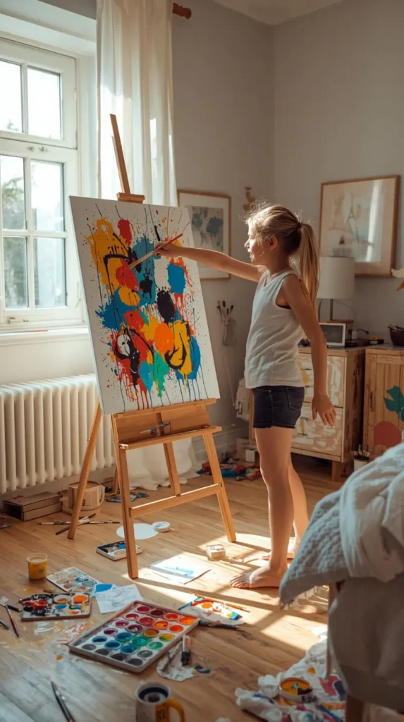 a teen painting a colorful abstract canvas on an easel in a sunlit bedroom.