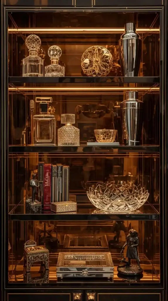 art deco bookshelf styled with curated collectibles vintage perfume bottles, cocktail shaker, and small deco crystal plate weight.