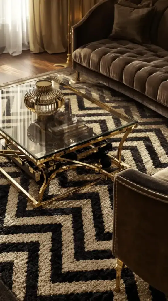 art deco living room featuring a chevron patterned rug glass coffee table and curved velvet sofa.