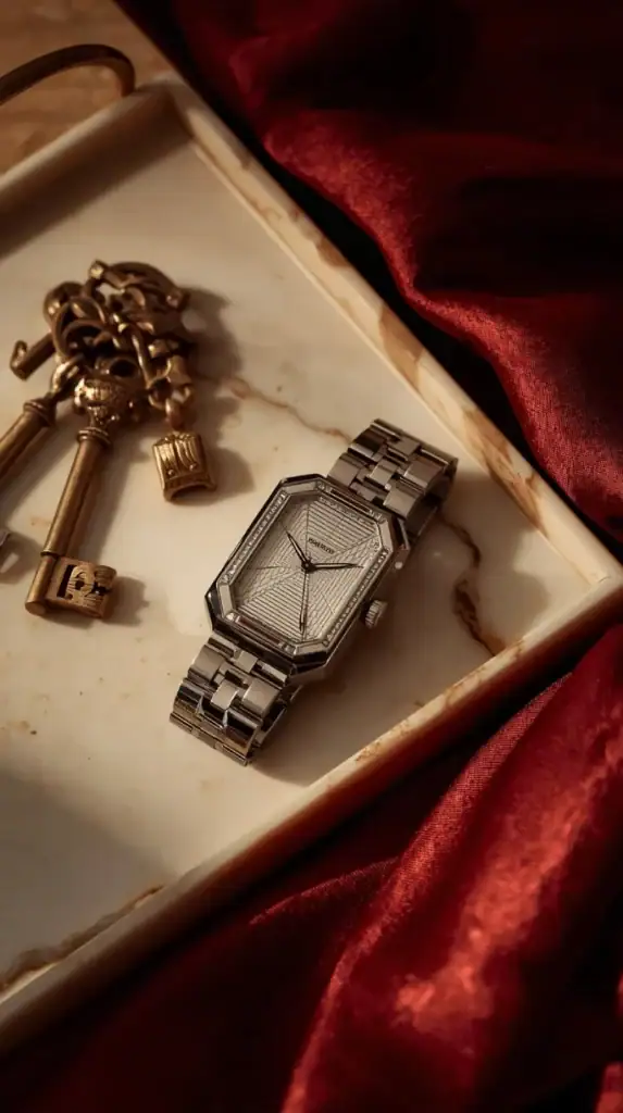 art deco watch on a marble tray with vintage keys and a silk scarf.