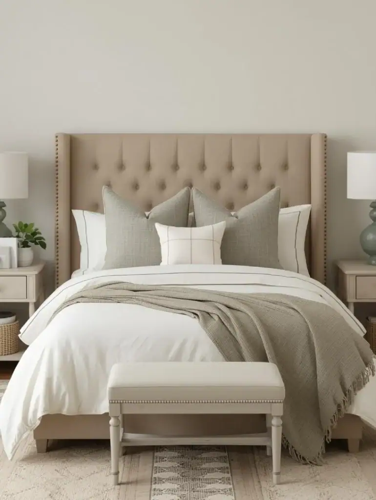 Bed with upholstered linen headboard in sandy beige, layered with coastal bedding in ivory and sage, large euro shams stacked neatly, driftwood nightstands with rattan baskets, warm and cozy winter bedroom aesthetic.