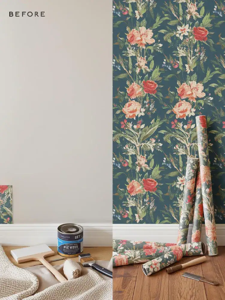 Before-and-after style view of a room being wallpapered with bold boho floral print.