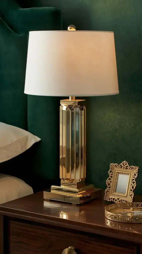 brass and frosted glass table lamp with stepped base on a walnut nightstand