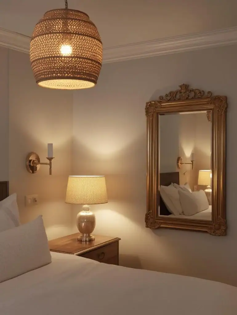 Coastal bedroom illuminated with layered lighting, rope-wrapped pendant overhead, brass sconces by the bed, woven table lamp on nightstand, large mirror bouncing warm light, cozy and bright atmosphere.