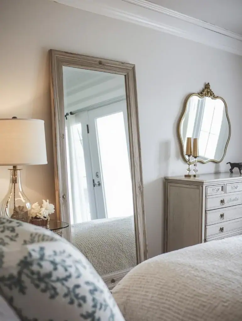 Coastal bedroom with oversized mirror in driftwood frame opposite window, brass-framed accent mirror above dresser, glass table lamp glowing warmly, light reflecting throughout room, airy coastal winter styling.