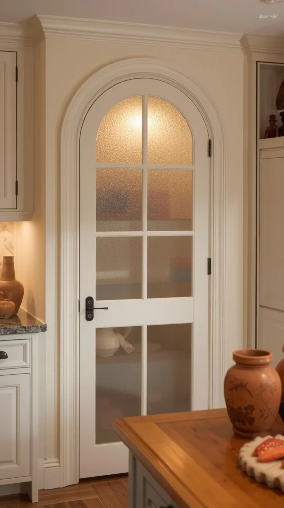 cottagecore style kitchen white arched glass pantry door with frosted finish.