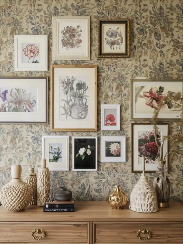 A creative space or gallery wall with floral boho wallpaper and framed floral art. Include sculptural vases and unique pieces. Emphasize the artistic expression of the pattern.
