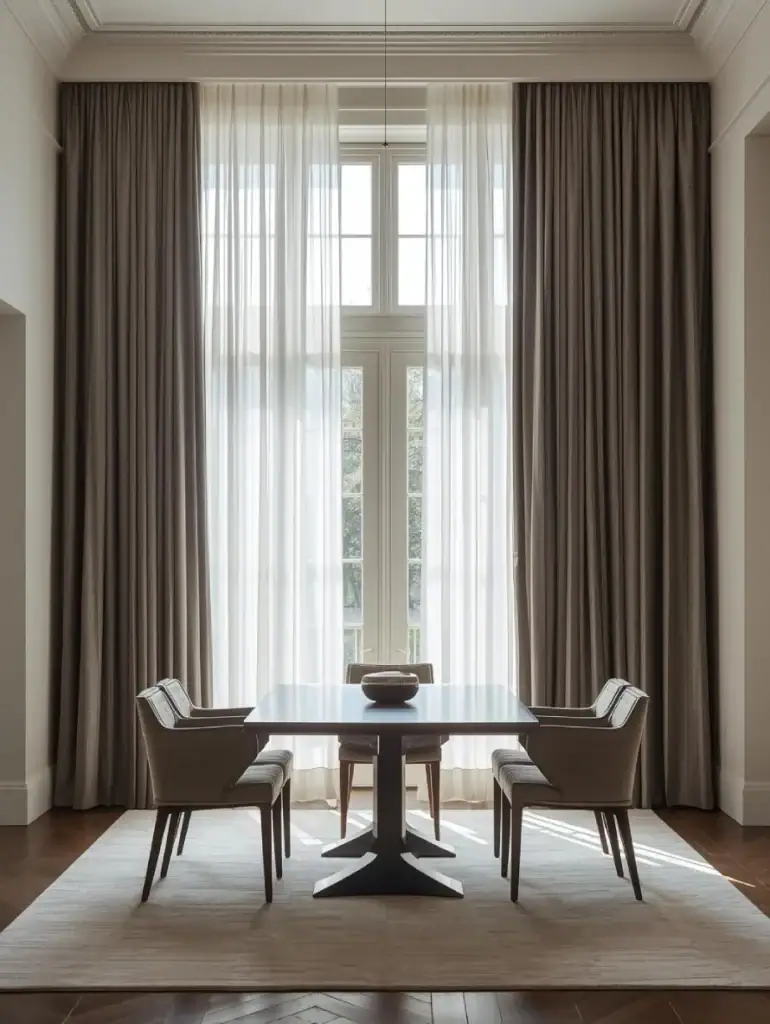 Elegant full-length dining room curtains featuring tall windows.