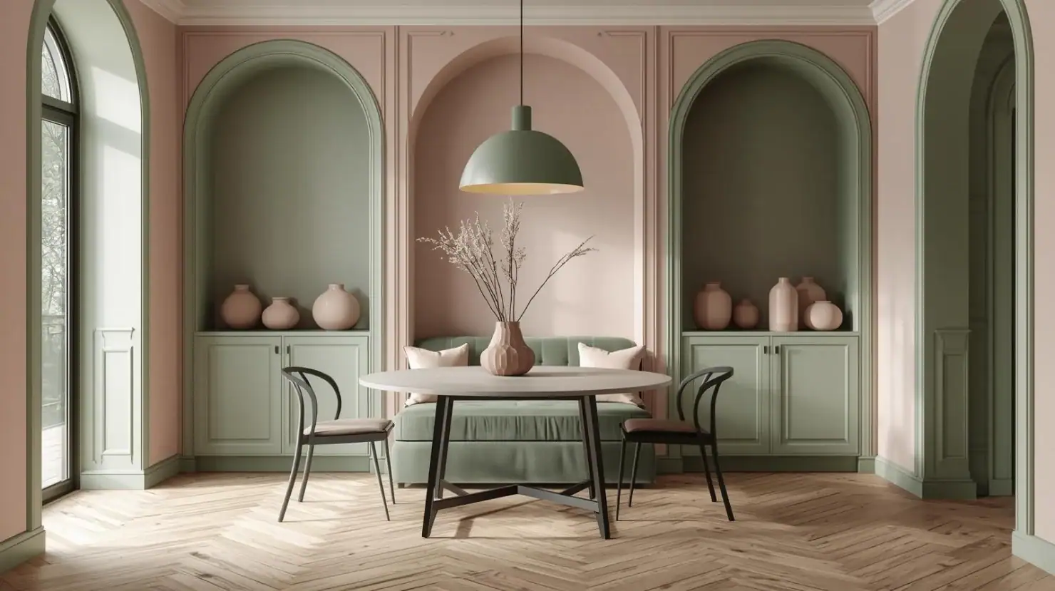 elegant interior featuring a sophisticated sage green and soft blush pink color palette.