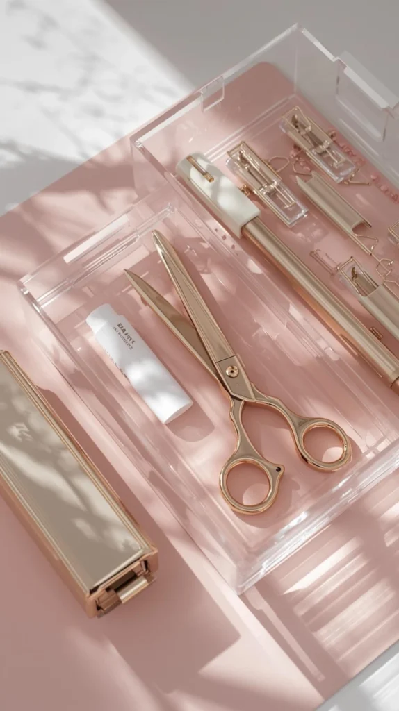 flat lay of aesthetic office supplies gold scissors, gold stapler, pastel binder clips