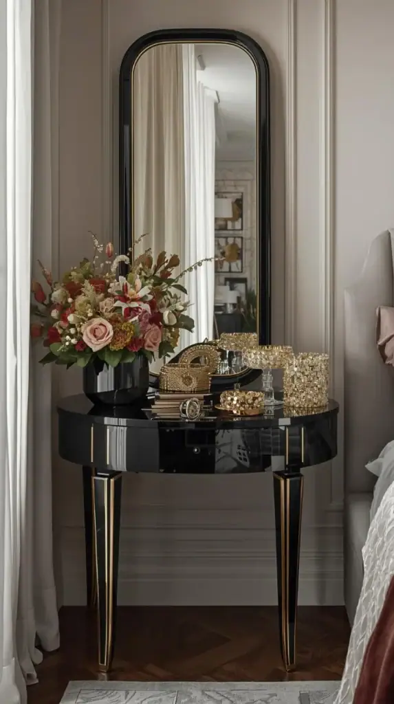 glamorous bedroom corner featuring a black lacquered vanity with stepped legs,