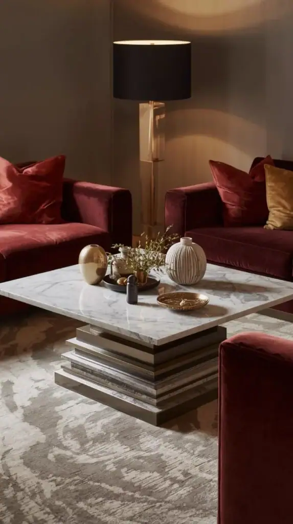 living room vignette with rectangular marble top coffee table and stepped metal legs.